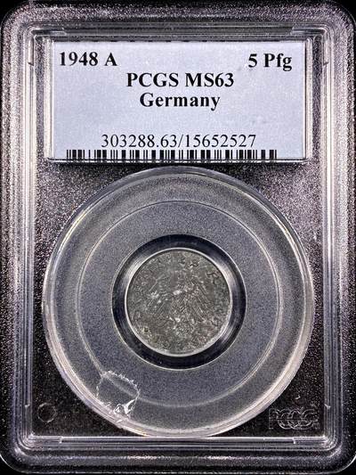 【雨安】【直播拍卖】【第0130期-评级币章】2026-03-28 周六 19:30 (金价981.33, 银价17.11) - [评级德国] Germany 德国 第三帝国 5芬尼 1948年  PCGS-MS63