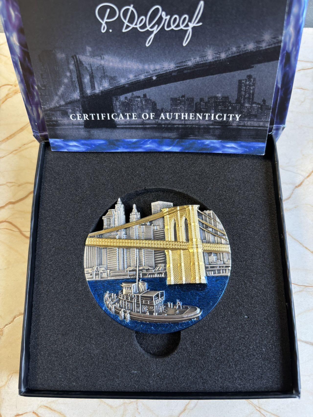 第195期拍卖 刚果2022年世界桥梁系列布鲁克林大桥5盎司银币，999银，发行750枚