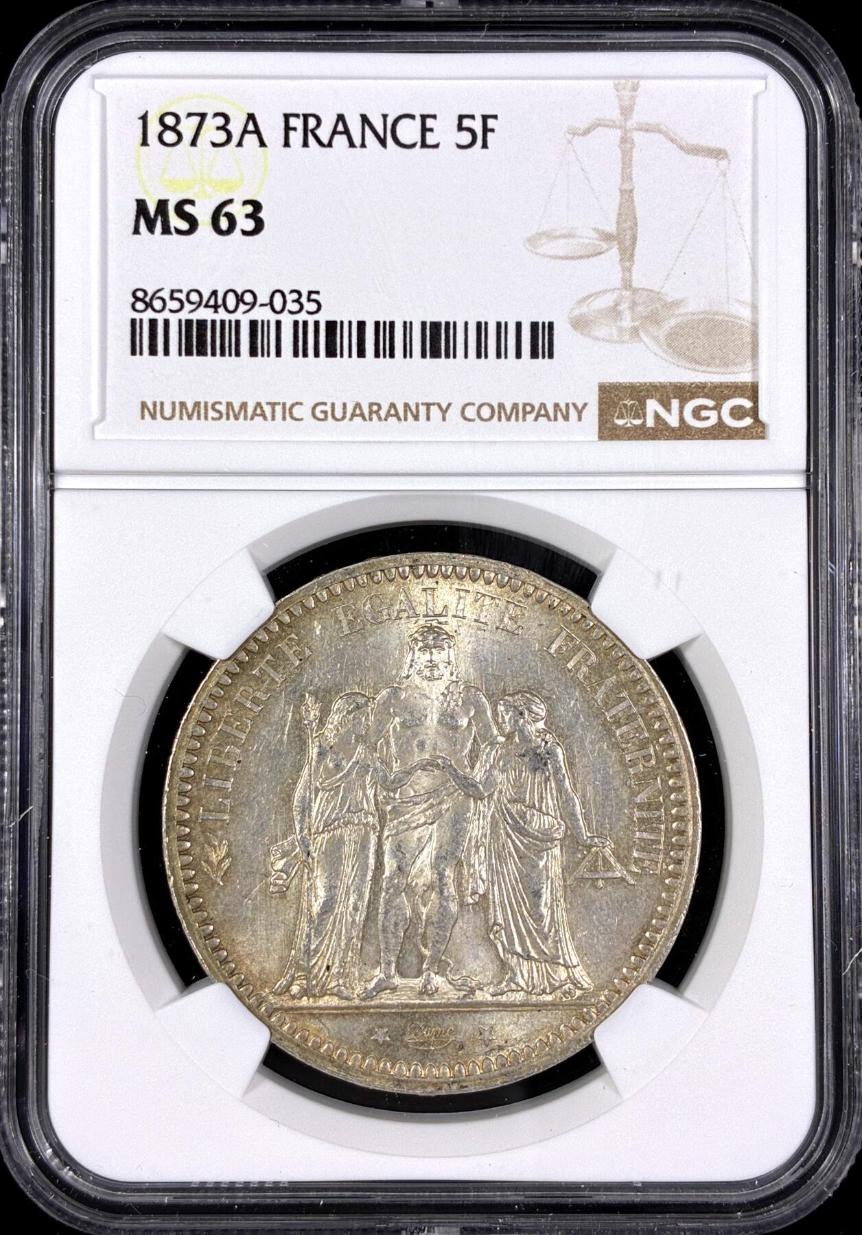 【雨安】【直播拍卖】【第0130期-评级币章】2026-03-28 周六 19:30 (金价981.33, 银价17.11) [评级法国] France 法国 5法郎 KM#0820 (1870-1889) 大力神 1873年  NGC-MS63