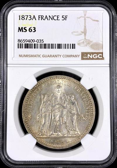 【雨安】【直播拍卖】【第0130期-评级币章】2026-03-28 周六 19:30 (金价981.33, 银价17.11) - [评级法国] France 法国 5法郎 KM#0820 (1870-1889) 大力神 1873年  NGC-MS63