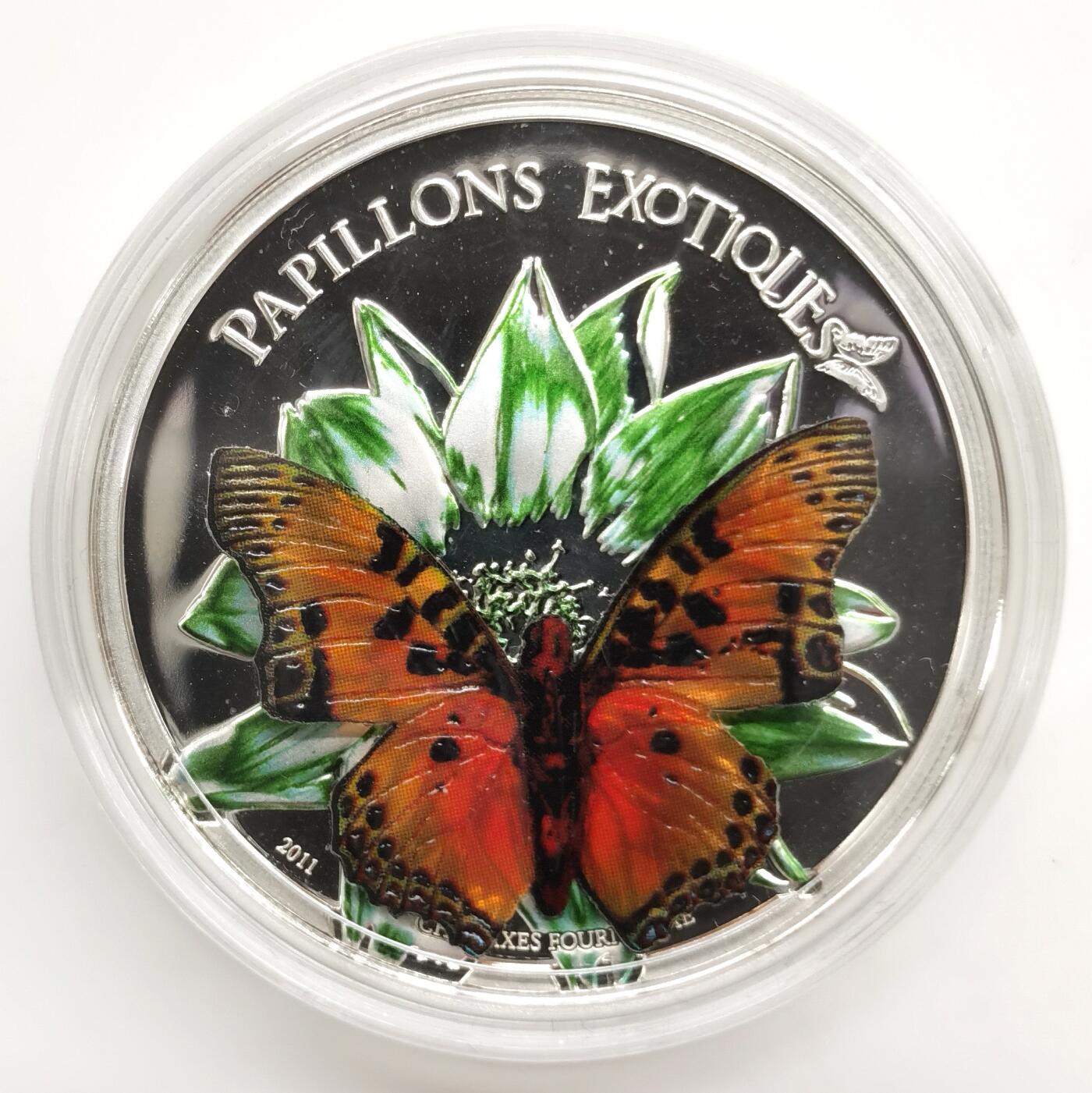 博洋堂“芳菲春韵”3月精品大拍专场暨第166期（全场包邮） 喀麦隆2011年1000中非法郎精制银币 异域彩蝶-螯蛱蝶（带3D彩蝶模型）25克925银 发行量：2500 带证