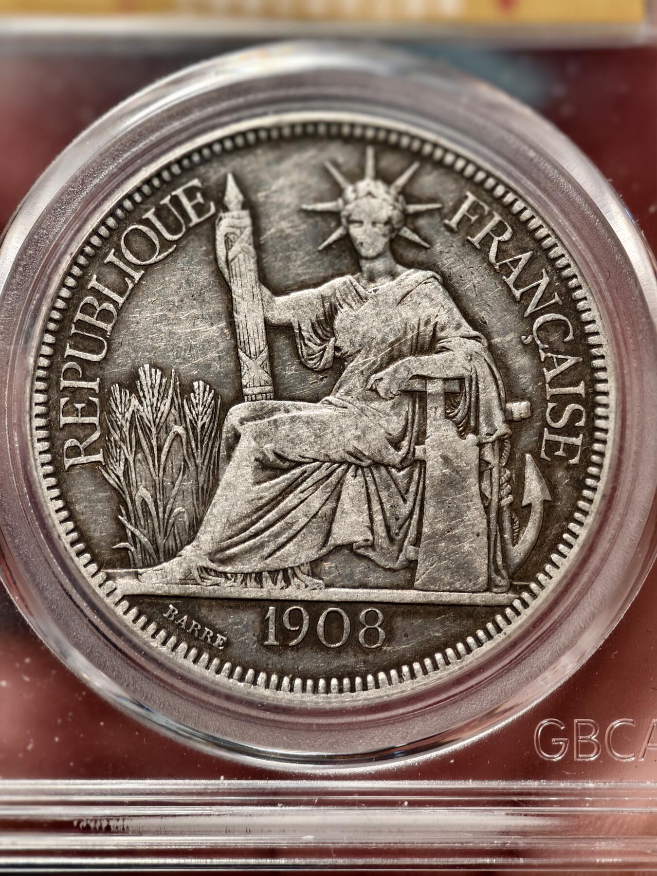 抚柳草堂-第十九期章牌钱币  奖章勋章限时免佣 满百包邮 放漏专场 1908法属印支坐洋银币  老包浆味道不错 公博评级xf45