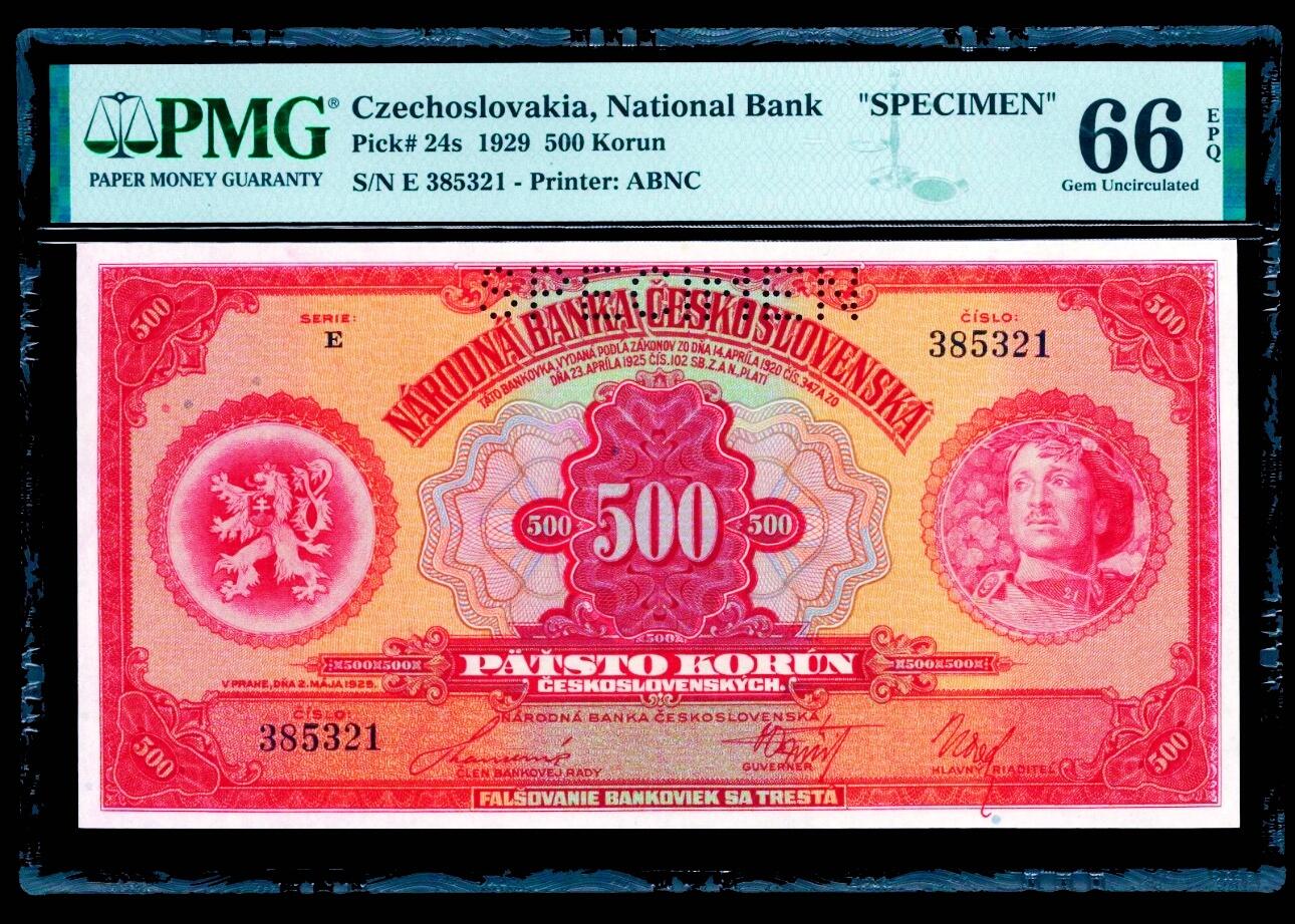 【Blue Auction】世界纸币精拍第799期——18级TOP拍卖/信誉/品质/专业/高效💫 【样钞】捷斯 1929年500克朗 大票幅 ABNC出品 雕刻精美 PMG66EPQ 