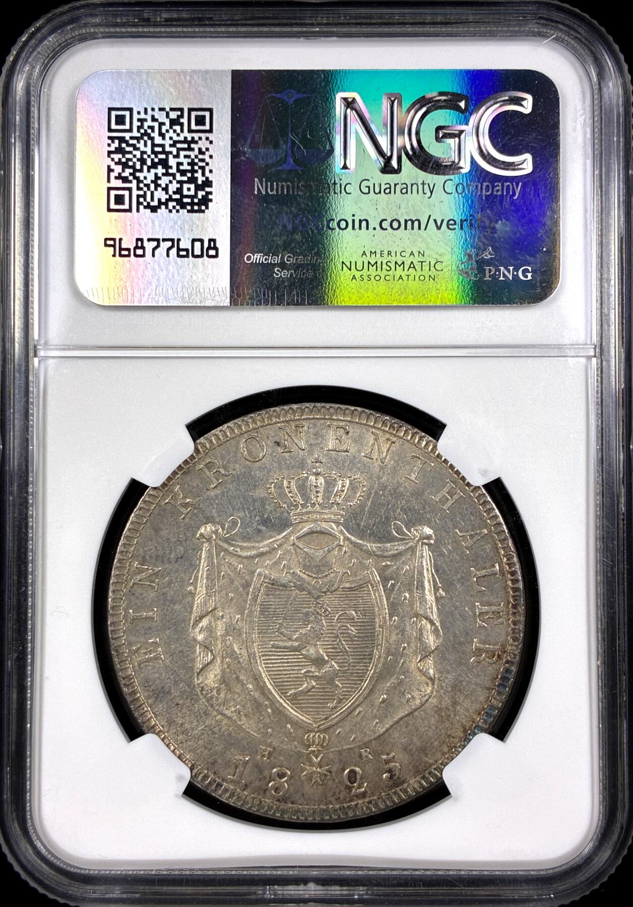 【雨安】【直播拍卖】【第0130期-评级币章】2026-03-28 周六 19:30 (金价981.33, 银价17.11) [评级德国] Germany 德国 德意志 黑森-达姆施塔特 1泰勒 1825年  NGC-MS62 淡美包浆