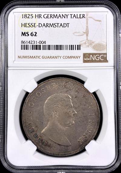 【雨安】【直播拍卖】【第0130期-评级币章】2026-03-28 周六 19:30 (金价981.33, 银价17.11) - [评级德国] Germany 德国 德意志 黑森-达姆施塔特 1泰勒 1825年  NGC-MS62 淡美包浆