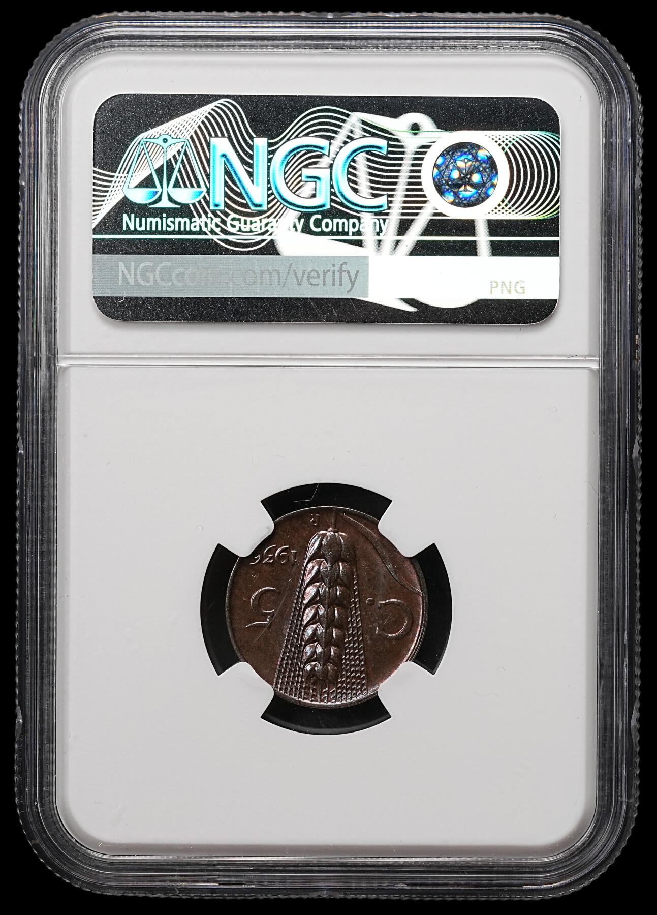 修遠堂世界钱币第109期 NGC MS64BN 1936年意大利5分铜币，少见年份，特年