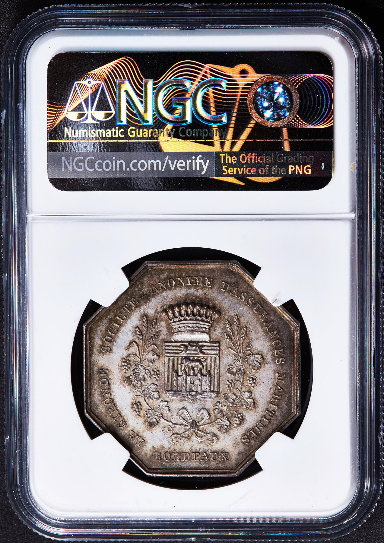【俄甄集藏】2026年(050)04-01星期三 晚 19:30 全场包邮 法国1844年波尔多吉伦特海事安全协会八角银质代用币章，NGC MS62，原味包浆，名誉品种，手指铭