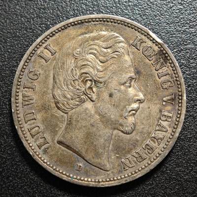 【德藏】世界币章拍卖第169期（拍品征集中~欢迎藏友联系） - 1874年 德国巴伐利亚路德维希二世5马克大银币 直径约：38mm；重约：27.6g 原味酱彩包浆