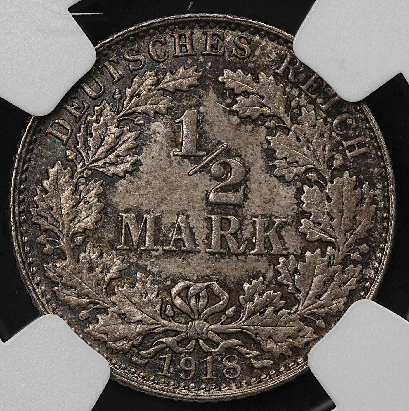 修遠堂世界钱币第109期 NGC MS65 1918年德国1/2马克银币，E厂铭