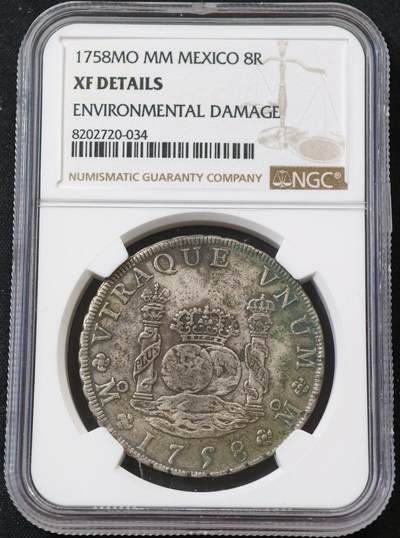 “方寸甄品”甄品场，甄臻铺-世界币章拍卖（第57期，直播拍卖），送拍享返佣金等优惠多多 - NGC-XFD 1758年MO MM西属墨西哥地球双柱8R银币