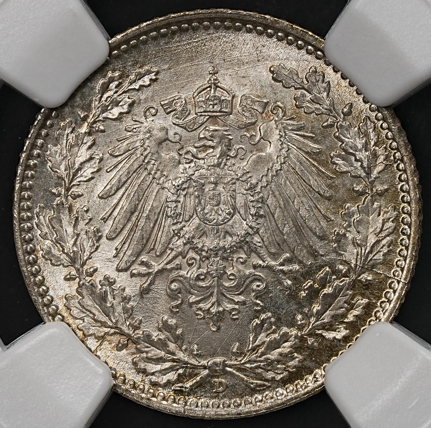 修遠堂世界钱币第109期 NGC MS66 1918年德国1/2马克银币 D厂铭