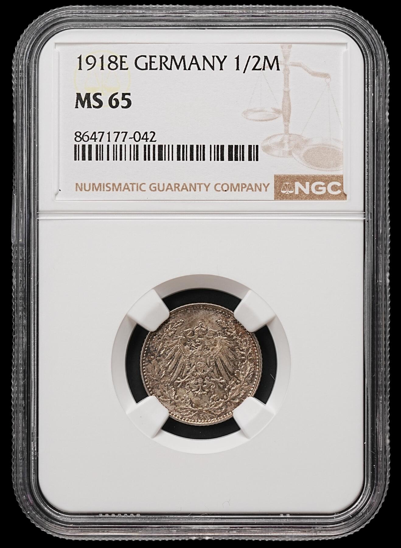 修遠堂世界钱币第109期 NGC MS65 1918年德国1/2马克银币，E厂铭