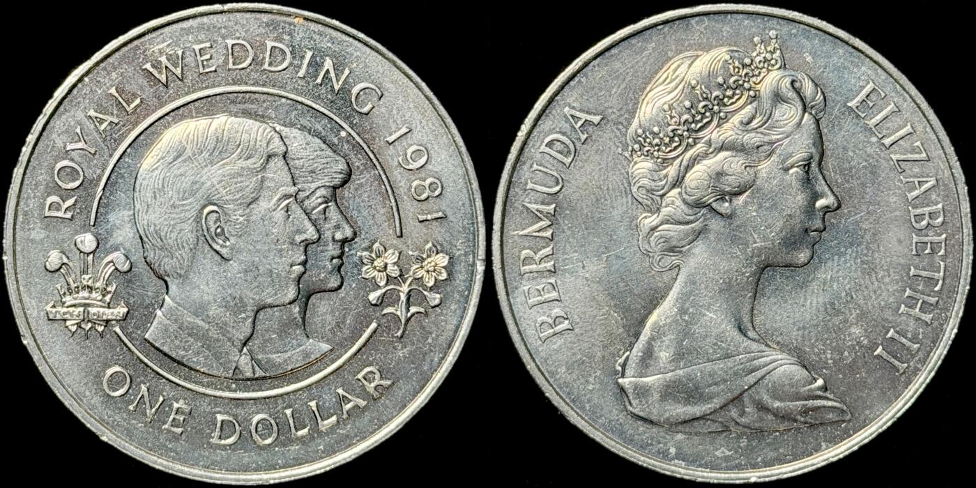 ＜星葵🌻钱币社＞第72期·东奔西走的硬币·3月31日发货 百慕大1981年查尔斯王子和戴安娜王妃·皇室婚礼1元克朗型纪念币
