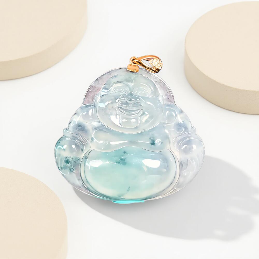 碧月说宝 君子怀瑾·当代和田玉清风专场(六) 18k金镶钻冰种飘蓝花翡翠大佛公