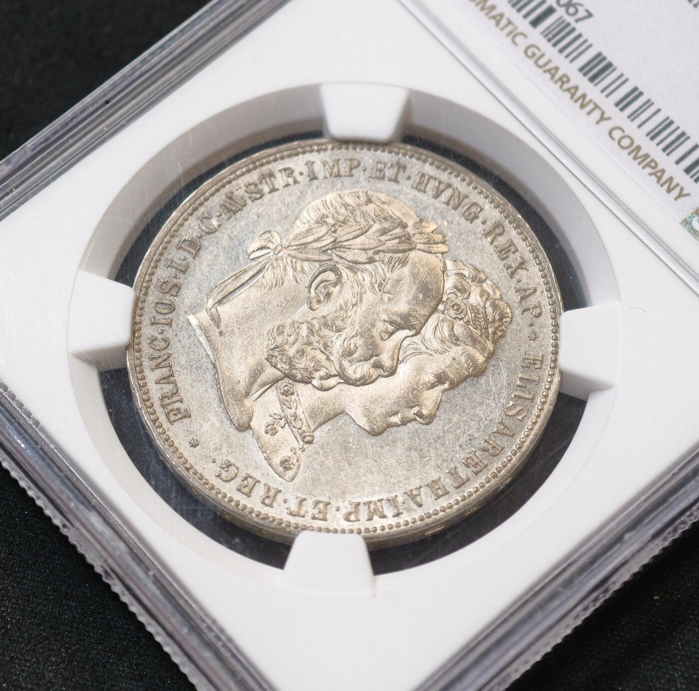 “方寸甄品”甄品场，甄臻铺-世界币章拍卖（第57期，直播拍卖），送拍享返佣金等优惠多多 NGC-MS62 1879年奥匈帝国皇帝弗朗茨一世与茜茜公主银婚纪念2古尔登大银币，经典品种，光度好