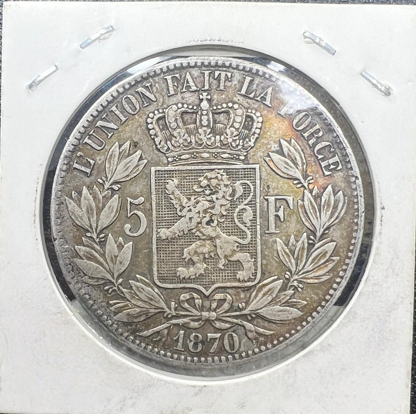 1870 年比利时利奥波德二世 5 法郎银币 90% 银 狮徽盾背老银元