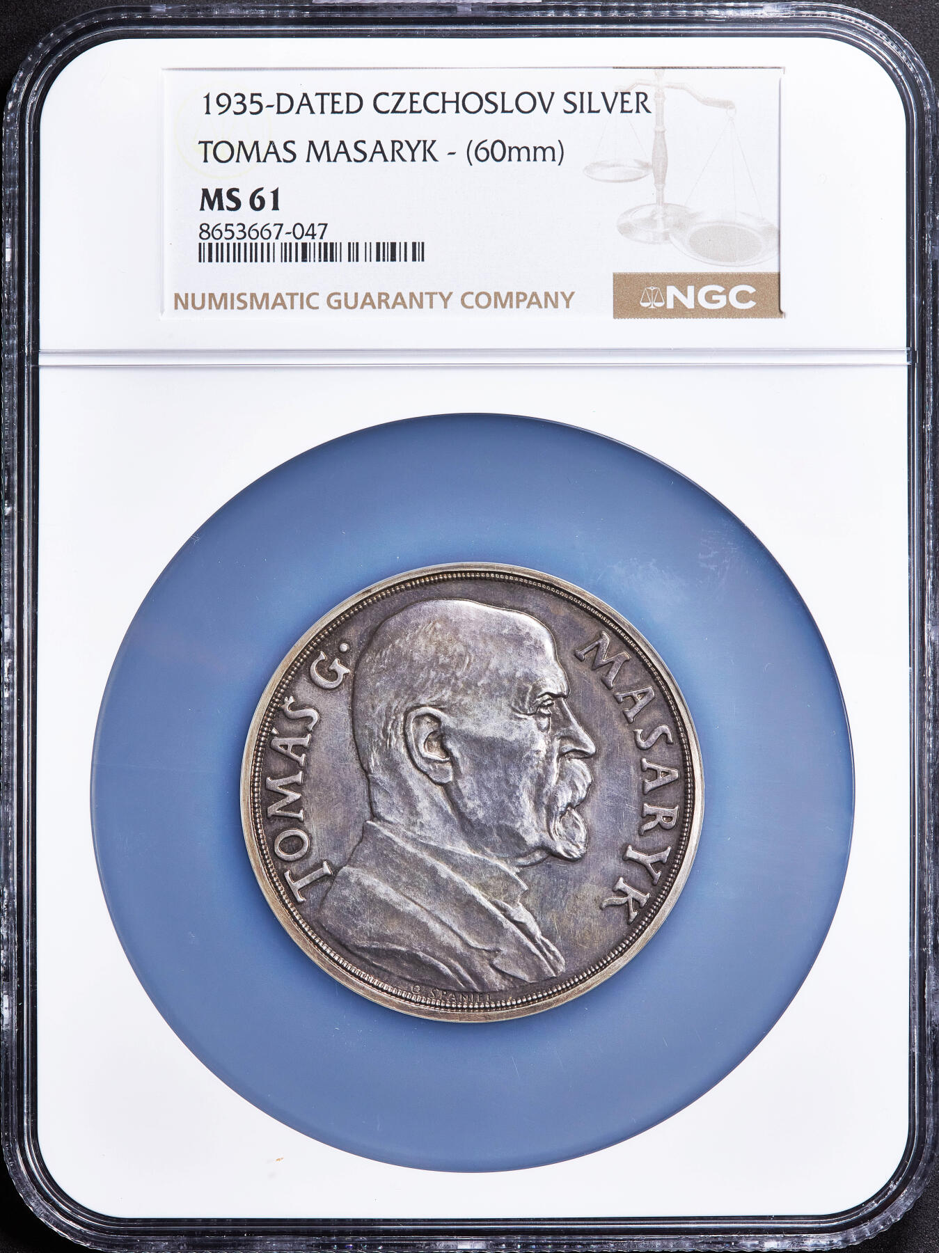 【俄甄集藏】2026年(050)04-01星期三 晚 19:30 全场包邮 捷克斯洛伐克1935年纪念首任总统托马斯·加里格·马萨里克85寿辰大银章，NGC MS61，直径：60mm，货币体系奠基人雕刻家奥塔卡尔·什帕尼尔名誉作品，经典品种，原味老包浆，好品难得