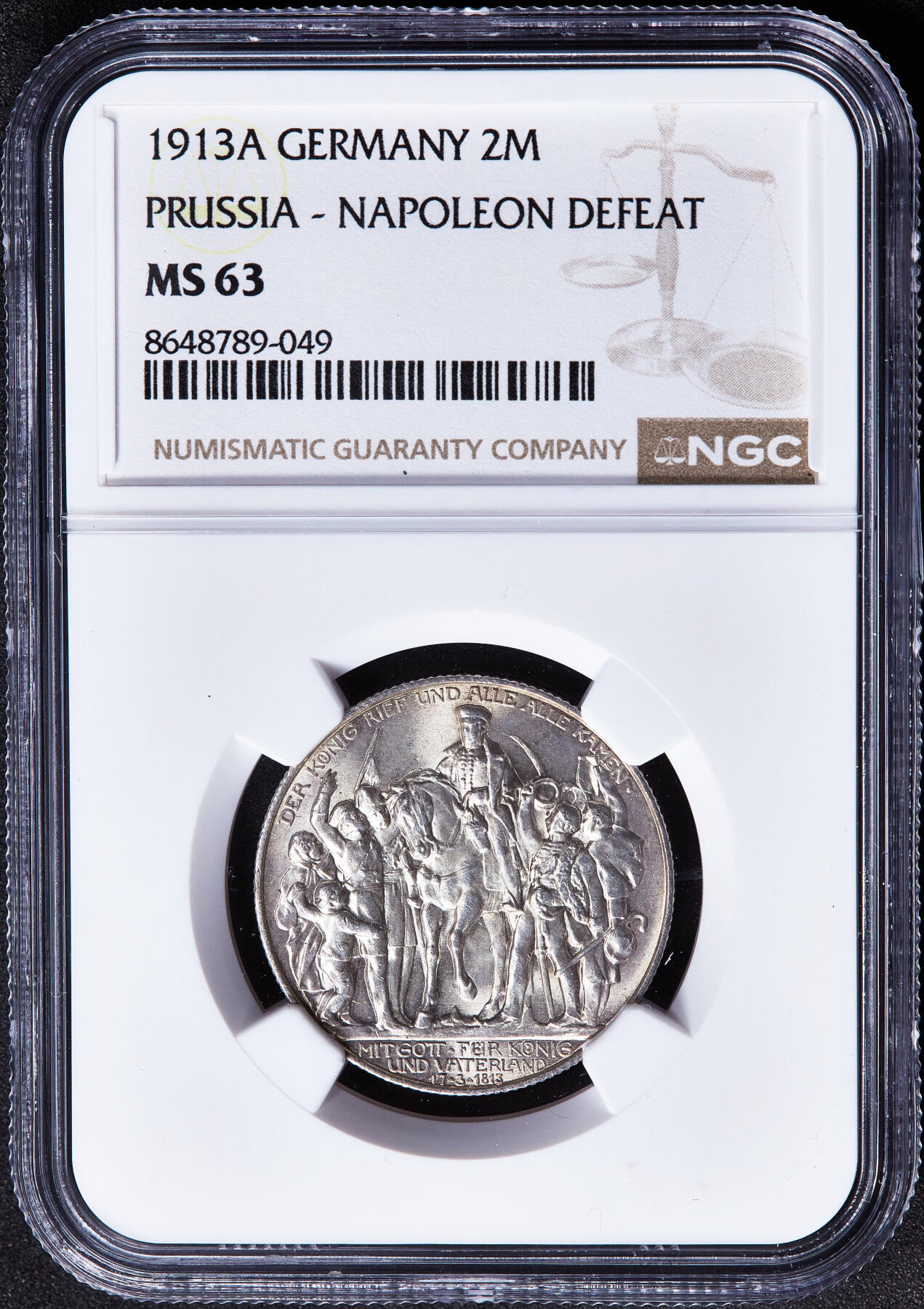 【俄甄集藏】2026年(050)04-01星期三 晚 19:30 全场包邮 德国普鲁士1913年A版反法战争胜利百年2马克银币，NGC MS63，转光品相