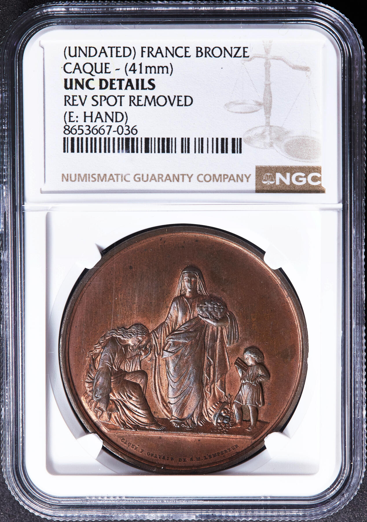 【俄甄集藏】2026年(050)04-01星期三 晚 19:30 全场包邮 法国1845-1860年巴黎第三区扶贫捐赠圣德大铜章，NGC UNCD，雕刻家卡克作品，巧克力包浆，手指铭