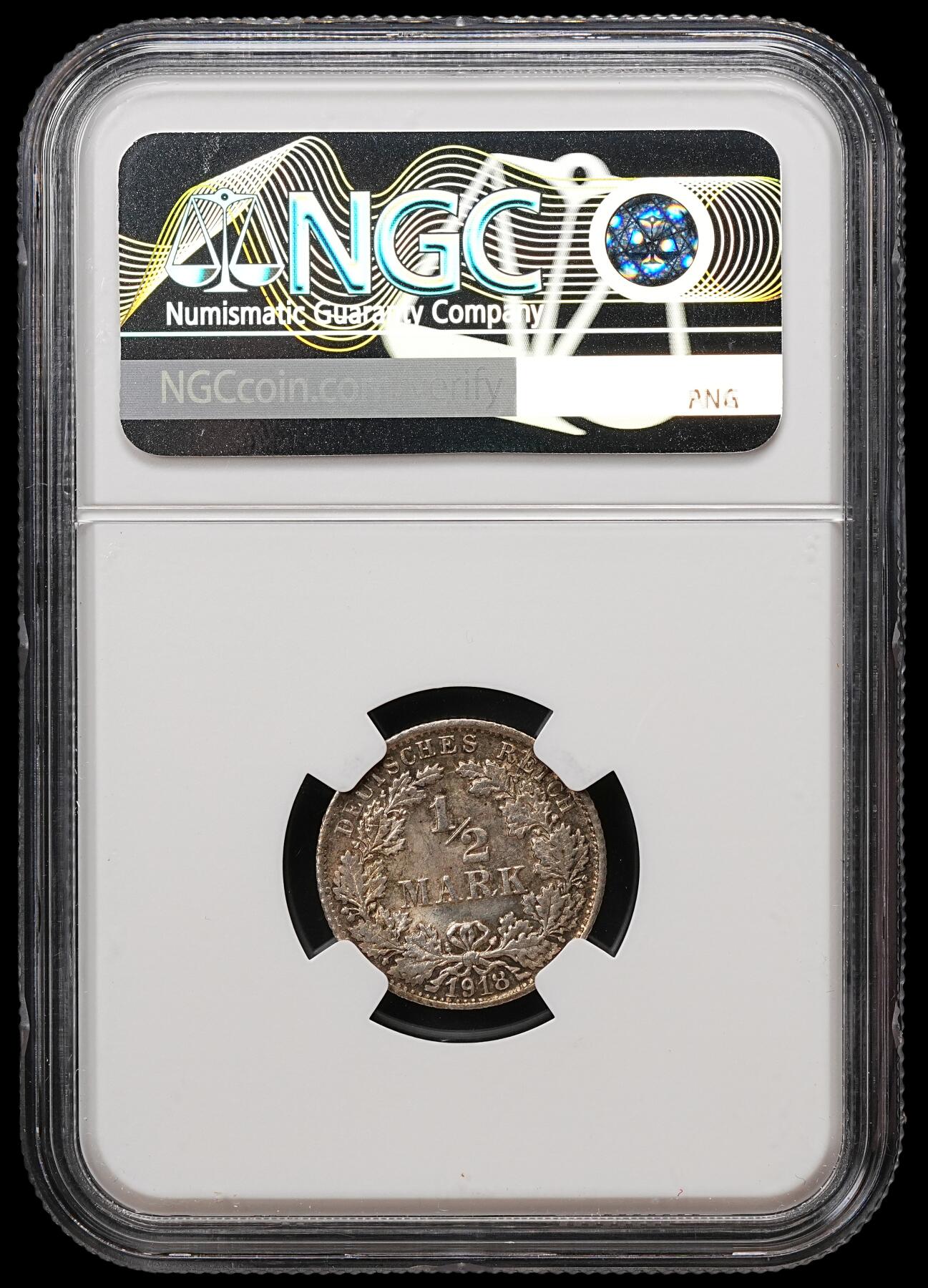 修遠堂世界钱币第109期 NGC MS65 1918年德国1/2马克银币，F厂铭