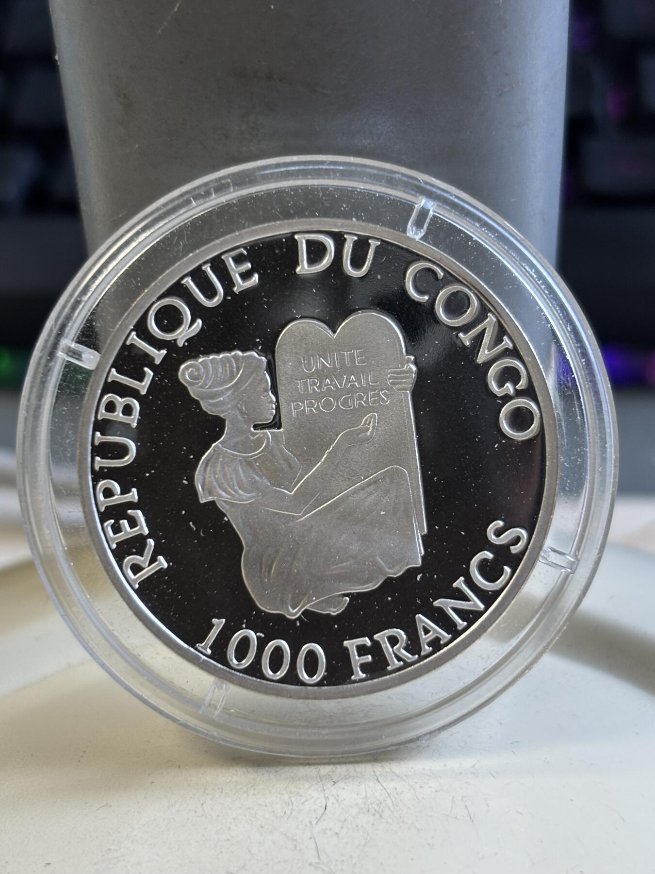 第195期拍卖 刚果2000年濒危珍稀动物鸟白鹤纪念银币，999银，15克，发行5000枚