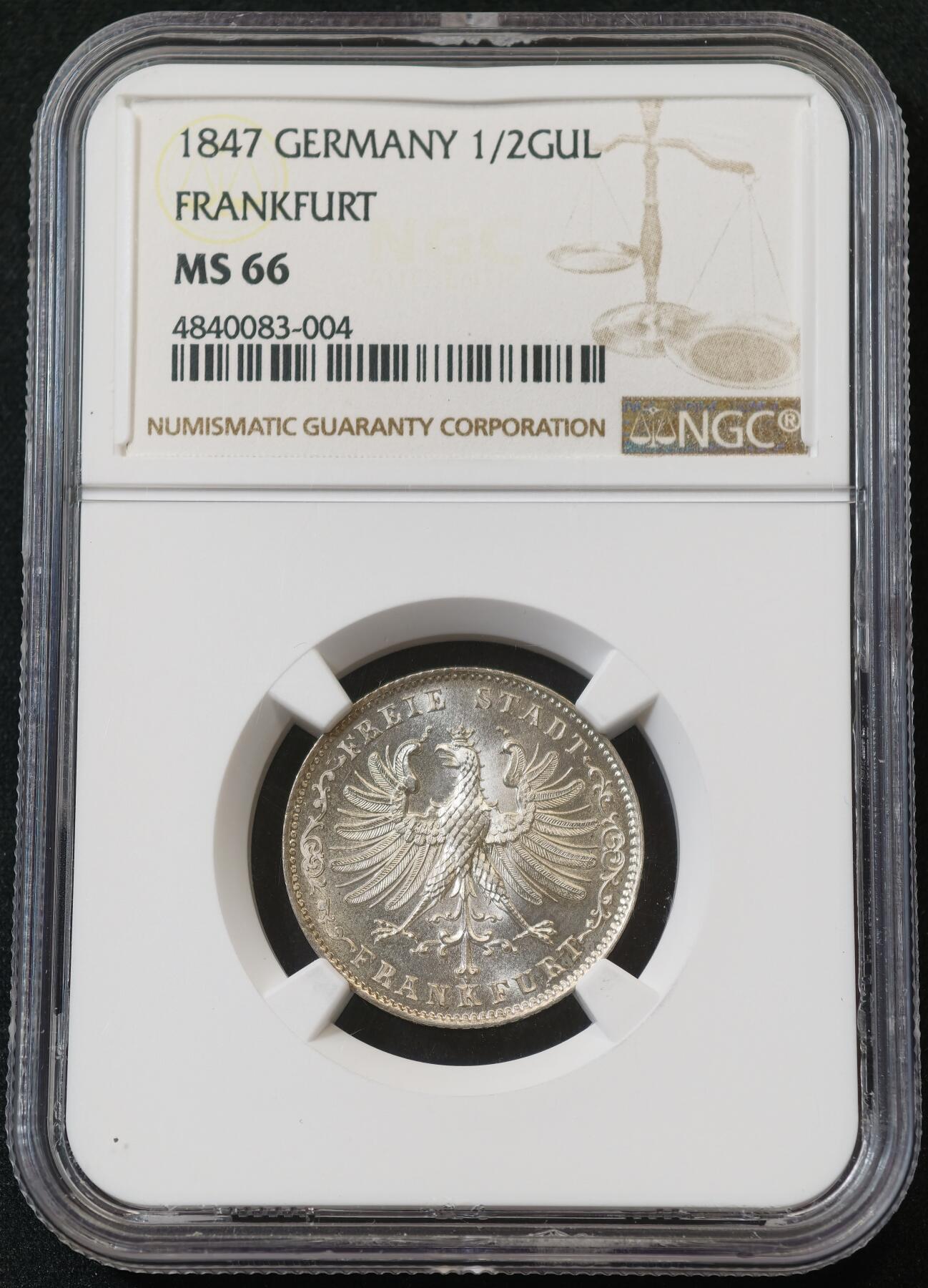 “方寸甄品”甄品场，甄臻铺-世界币章拍卖（第57期，直播拍卖），送拍享返佣金等优惠多多 NGC MS66 1847年德国年法兰克福1/2古尔登银币，冠军分，少见版本，顶级状态，一步到位
