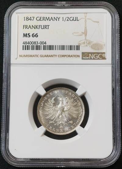 “方寸甄品”甄品场，甄臻铺-世界币章拍卖（第57期，直播拍卖），送拍享返佣金等优惠多多 - NGC MS66 1847年德国年法兰克福1/2古尔登银币，冠军分，少见版本，顶级状态，一步到位