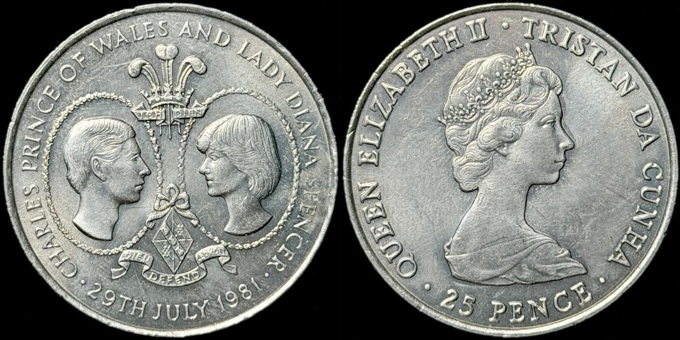 ＜星葵🌻钱币社＞第72期·东奔西走的硬币·3月31日发货 特里斯坦·达库尼亚1981年查尔斯王子和戴安娜王妃·皇室婚礼25便士克朗型纪念币