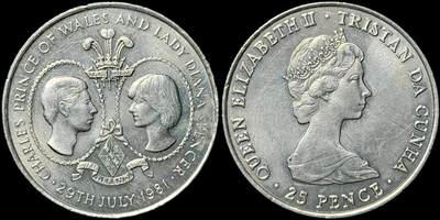 ＜星葵🌻钱币社＞第72期·东奔西走的硬币·3月31日发货 - 特里斯坦·达库尼亚1981年查尔斯王子和戴安娜王妃·皇室婚礼25便士克朗型纪念币