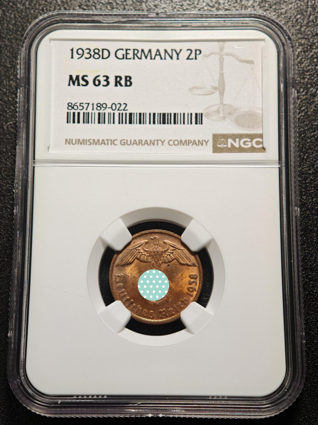 【德藏】世界币章拍卖第169期（拍品征集中~欢迎藏友联系） 1938年 德国民族社会主义工人党2芬尼铜币 NGC MS63RB （原图请查询NGC评级官网）