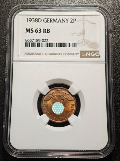 【德藏】世界币章拍卖第169期（拍品征集中~欢迎藏友联系） - 1938年 德国民族社会主义工人党2芬尼铜币 NGC MS63RB （原图请查询NGC评级官网）