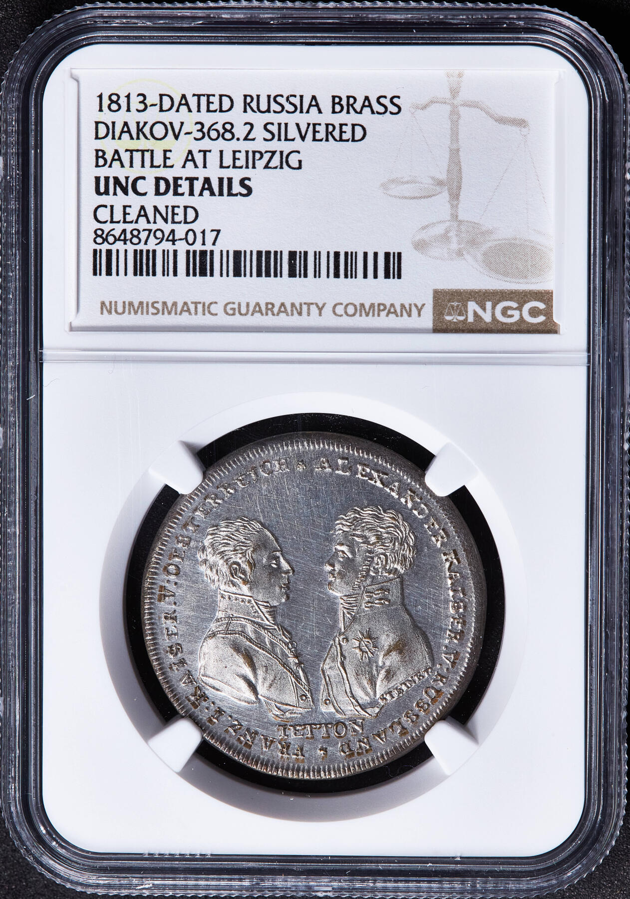 【俄甄集藏】2026年(050)04-01星期三 晚 19:30 全场包邮 沙俄1813年纪念反法同盟莱比锡战役胜利镀银铜章，NGC UNCD，类精制底板，稀少品种，奥地利皇帝弗朗茨一世，俄国沙皇亚历山大一世