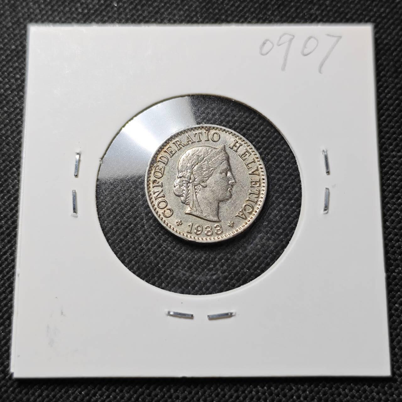 KK钱币收藏小铺  第409期 2月预留时间 周末发货  1933瑞士5分镍币