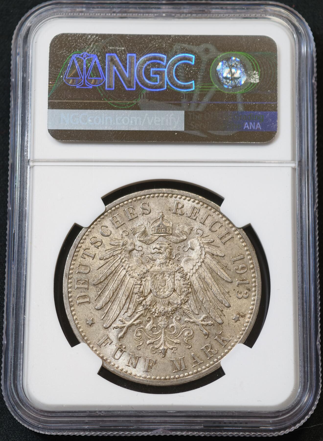 “方寸甄品”甄品场，甄臻铺-世界币章拍卖（第57期，直播拍卖），送拍享返佣金等优惠多多 NGC-MS63 德意志普鲁士帝国 1913年 威廉二世军装5马克 原味均匀香槟彩