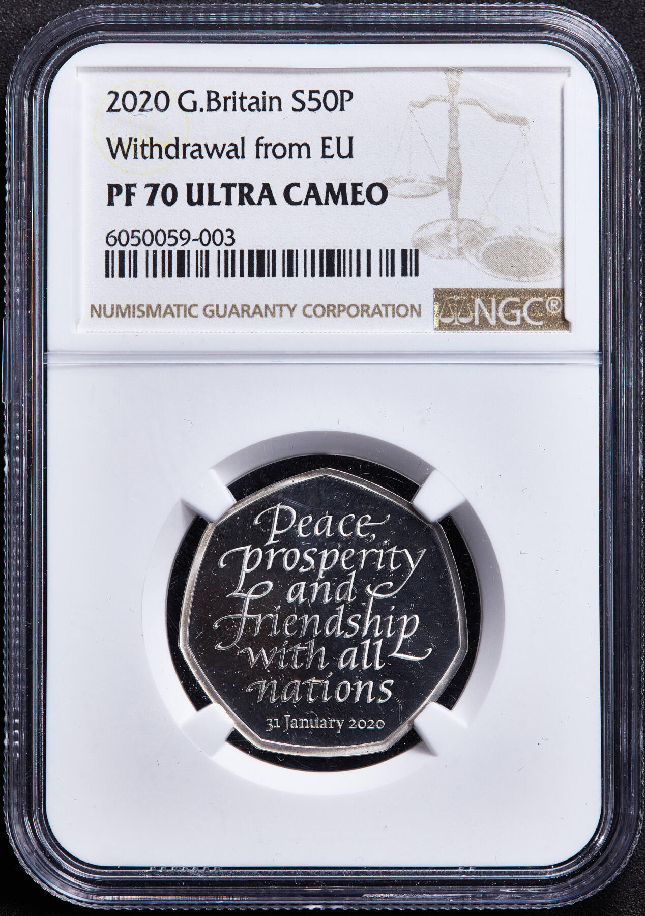 【俄甄集藏】2026年(050)04-01星期三 晚 19:30 全场包邮 英国2020年纪念脱欧50便士精制银币，NGC PF69UC，重8克，925银，发行量46903枚