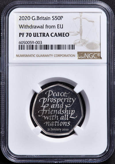 【俄甄集藏】2026年(050)04-01星期三 晚 19:30 全场包邮 - 英国2020年纪念脱欧50便士精制银币，NGC PF69UC，重8克，925银，发行量46903枚
