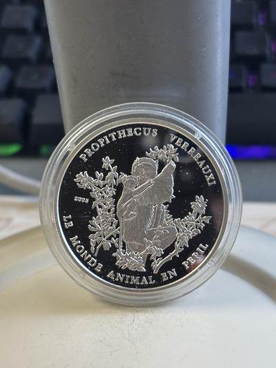 第195期拍卖 - 多哥2005年珍稀动物系列维氏冕狐猴精制纪念银币，999银，20克，发行1000枚，币上有手印，