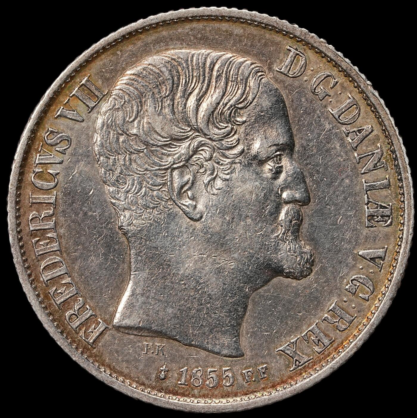 修遠堂世界钱币第109期 1855年丹麦王国弗雷德里克七世1 国家达勒尔（Rigsdaler）银币，14.42g