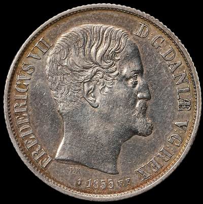 修遠堂世界钱币第109期 - 1855年丹麦王国弗雷德里克七世1 国家达勒尔（Rigsdaler）银币，14.42g