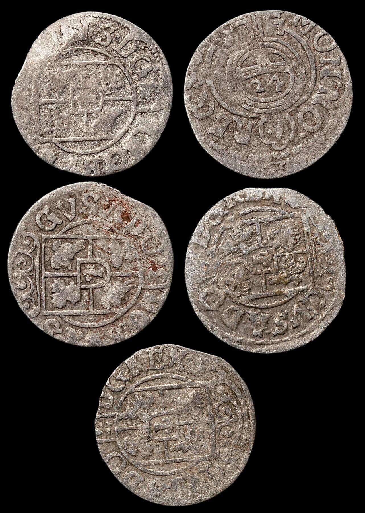 修遠堂世界钱币第109期 1635年瑞典占领埃尔宾1/24泰勒银币5枚，第一组，总重4.52g