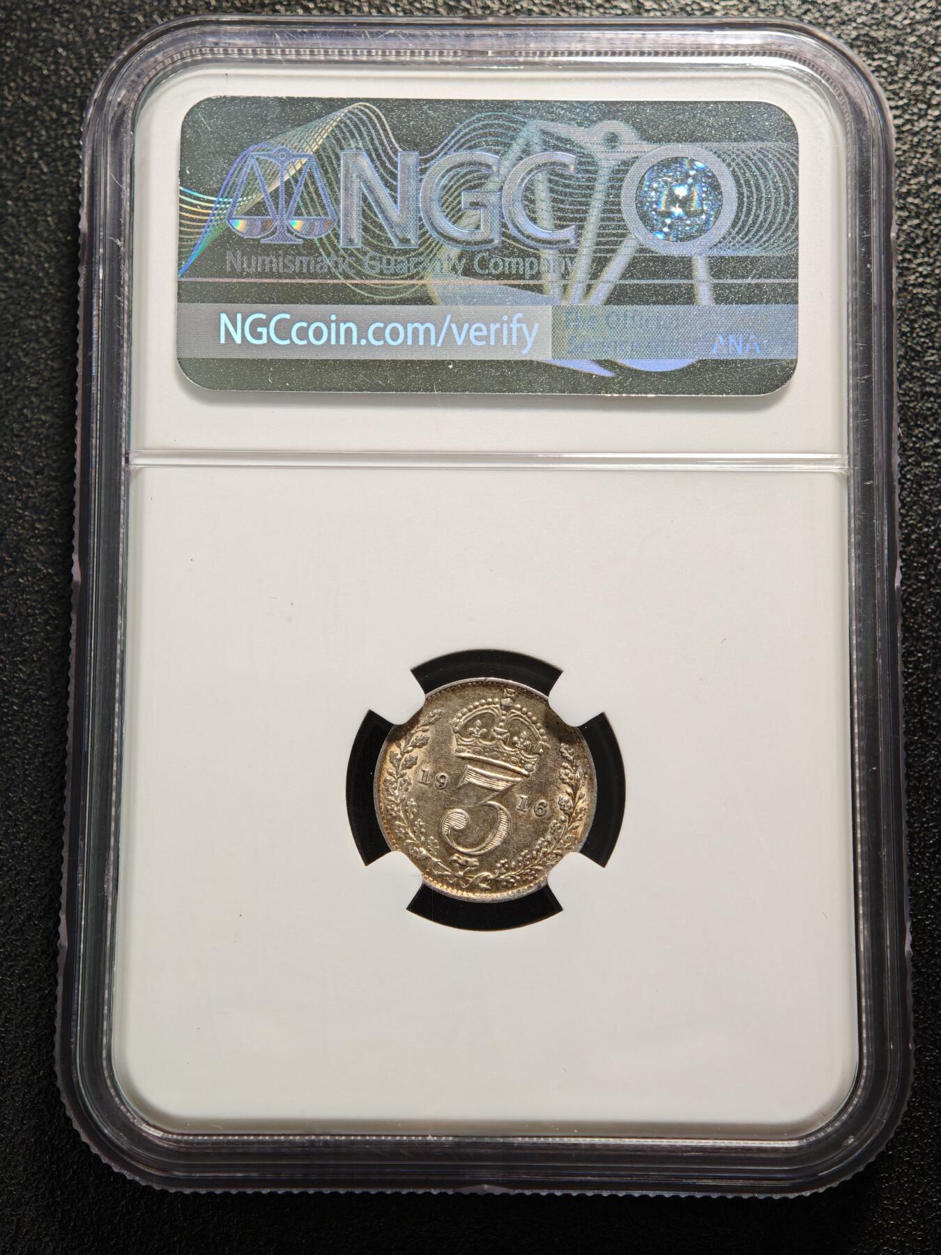 【德藏】世界币章拍卖第169期（拍品征集中~欢迎藏友联系） 1916年 英国乔治五世濯足节3便士银币 NGC MS62 黄油包浆