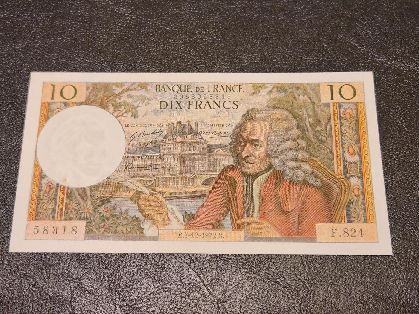 3月27号晚上8点 外国纸币自动截拍第46场 法国1972年10法郎 新品一点瑕疵