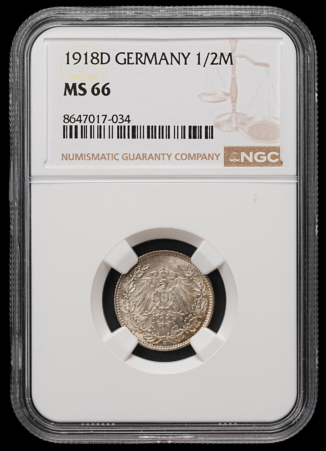 修遠堂世界钱币第109期 NGC MS66 1918年德国1/2马克银币 D厂铭