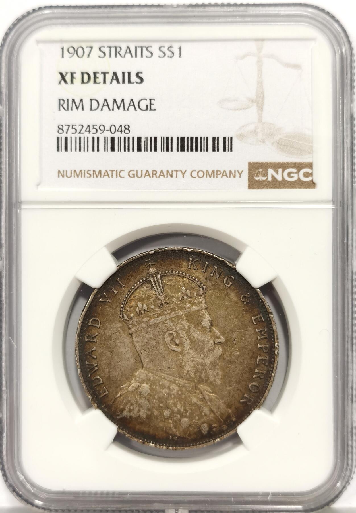 博洋堂“芳菲春韵”3月精品大拍专场暨第166期（全场包邮） NGC XFD 1907爱德华七世海峡一圆，币面金黄五彩渐变过度到一圈深色环彩，难得的硫化状态非常好看，老彩老味道，45分的状态，可惜边道稍有点流通磕碰