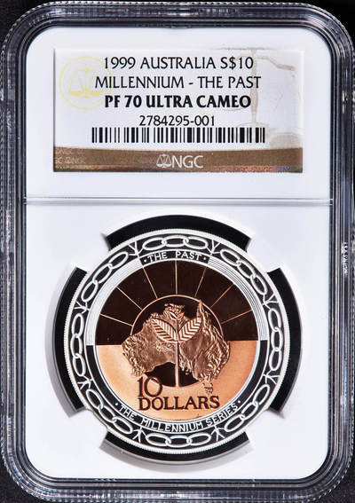 【俄甄集藏】2026年(050)04-01星期三 晚 19:30 全场包邮 - 澳大利亚1999年迎接千禧年精制10元银铜双色镶嵌精制纪念币，NGC PF70UC，重33.16克，外圈为999纯银，内芯为铜质，发行量20000枚，设计精美