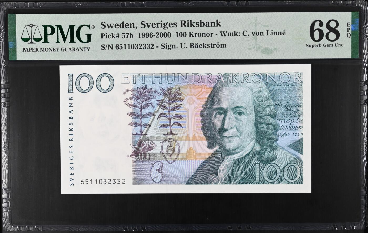 《艾美收藏》第238期-3.29周日外币畅拍场 瑞典1996年100克朗PMG68E长号码无47唯四冠军分 植物学家 林奈 Pick#57b