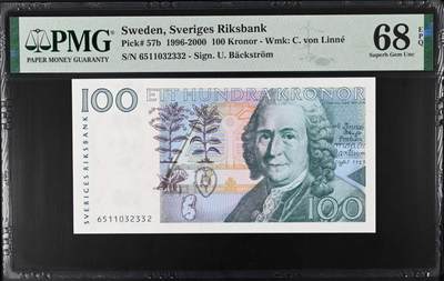 《艾美收藏》第238期-3.29周日外币畅拍场 - 瑞典1996年100克朗PMG68E长号码无47唯四冠军分 植物学家 林奈 Pick#57b
