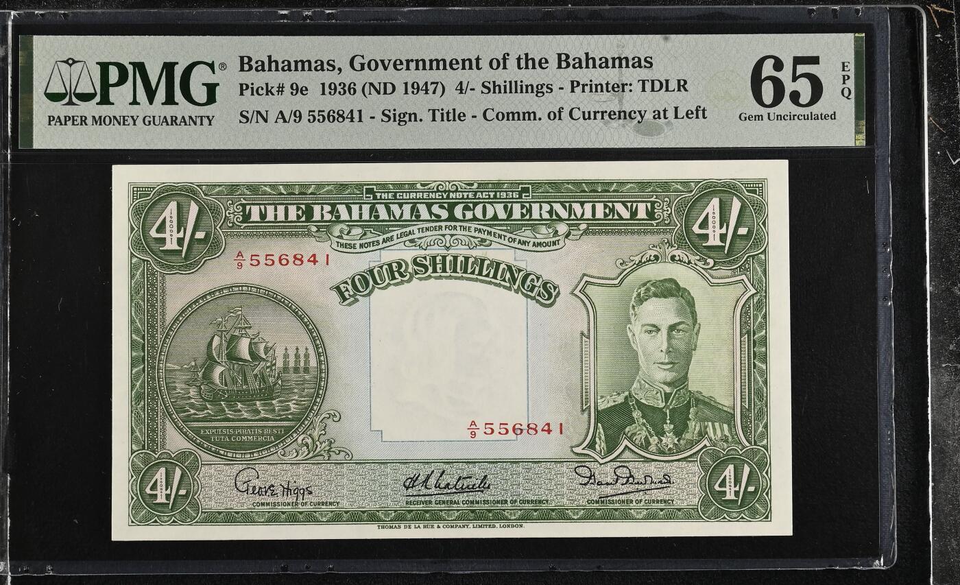 《外钞收藏家》第六百二十一期（精选场）（长期征集拍品、欢迎藏友们联系合作） 【男皇乔治六世】巴哈马 1936年4先令 PMG65EPQ 那时候购买力非常强大 国外拍卖行情基本维持在500美金左右 没有低于500美金成交价