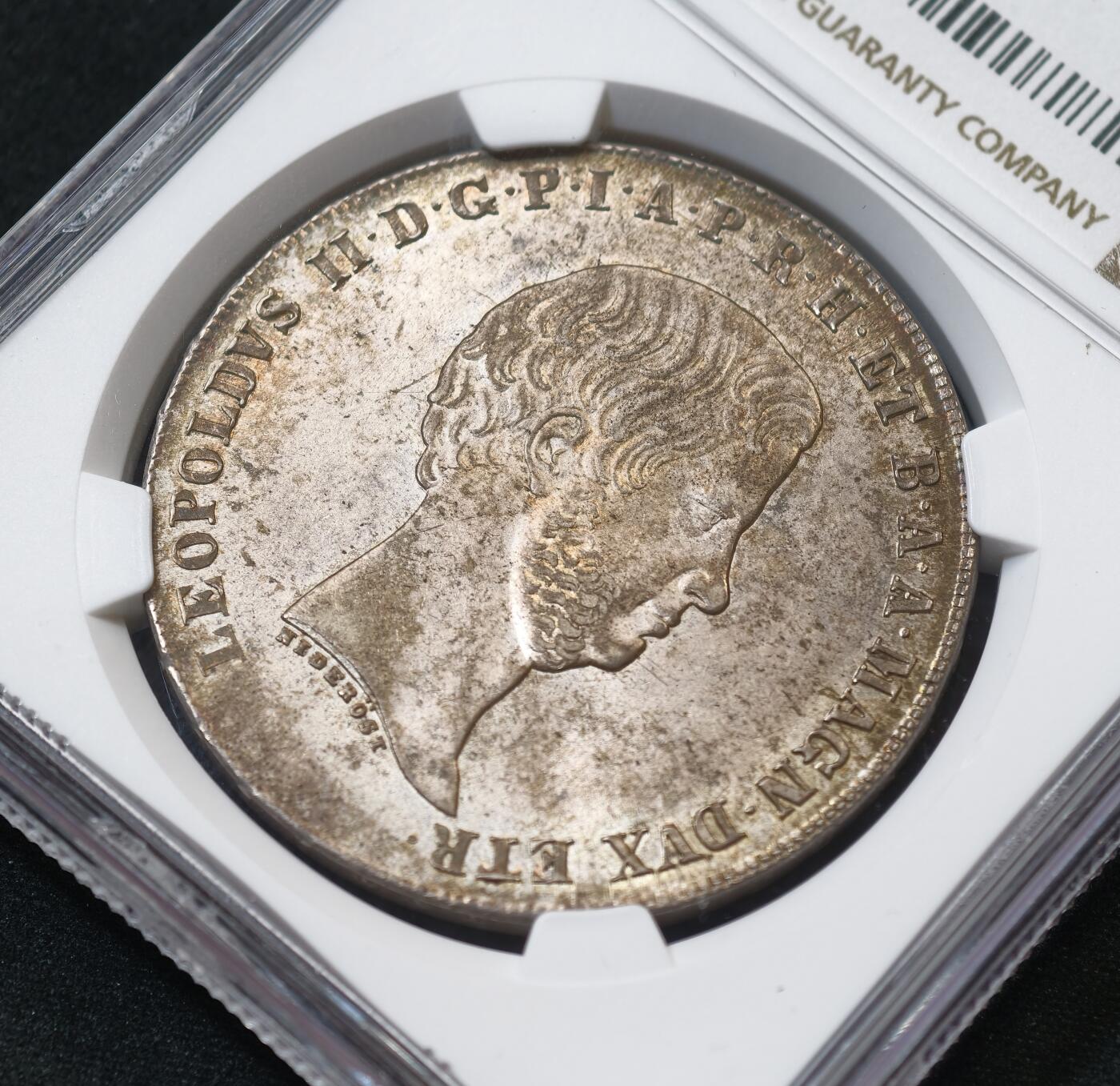 “方寸甄品”甄品场，甄臻铺-世界币章拍卖（第57期，直播拍卖），送拍享返佣金等优惠多多 NGC-MS63 1858年意大利托斯卡纳利奥波德二世4菲奥里尼大银币，全深打，丝绸转光老味道包浆，香槟淡彩环绕，顶级收藏品质