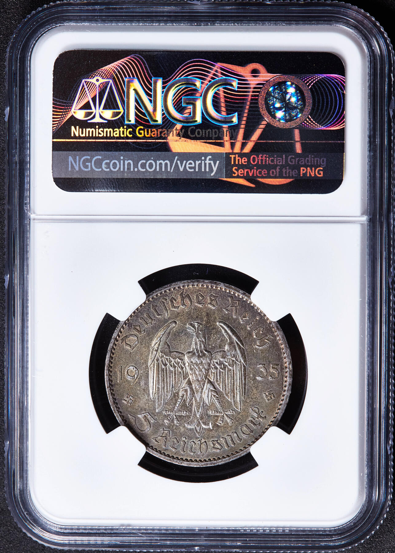 【俄甄集藏】2026年(050)04-01星期三 晚 19:30 全场包邮 德国第三帝国1935年A版波茨坦教堂无字版5马克银币，NGC MS62，五彩包浆，原光品相